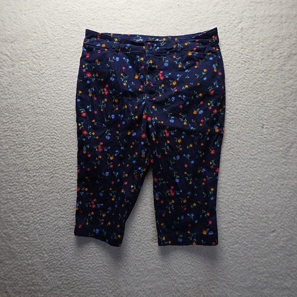St. John's Bay Capri Pants Womens 14P Blue Floral Print Twill Zip Fly Pockets